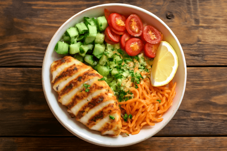 Salade de poulet grillé, quinoa et légumes croquants