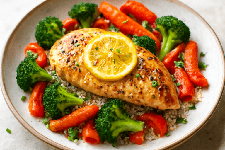 Filet de poulet au citron, légumes rôtis & quinoa léger