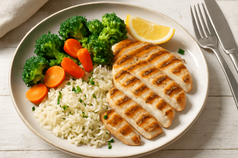 Piept de pui la grătar cu garnitură de legume și orez basmati