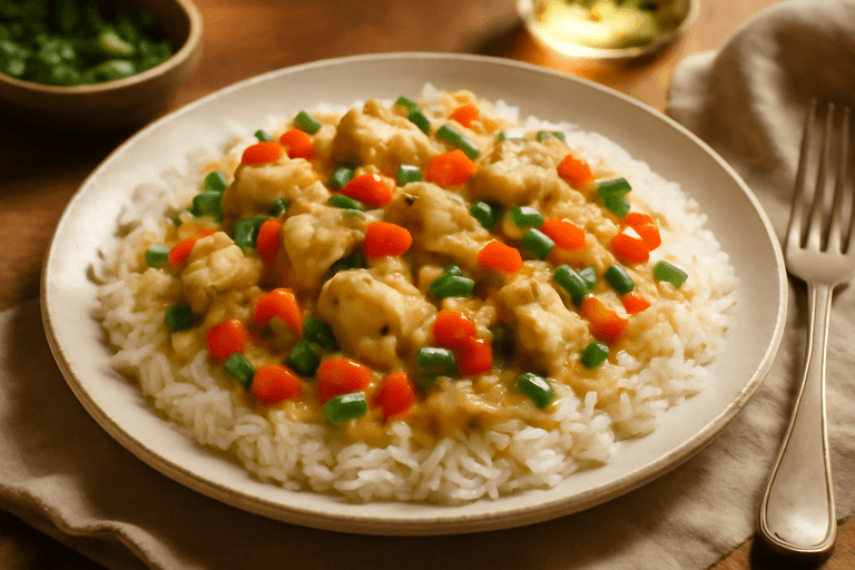 Pui cremos cu orez și legume colorate