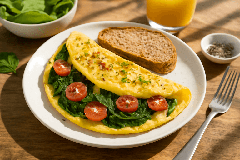 Omletă energizantă cu spanac și roșii