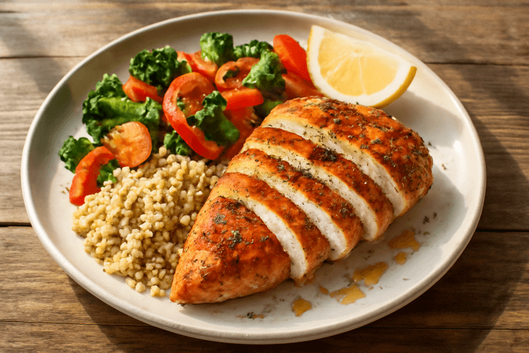 Piept de pui la grătar cu legume sote și quinoa