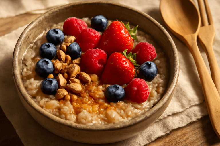 Veganes High-Protein-Hafer-Porridge mit Beeren & Mandeln