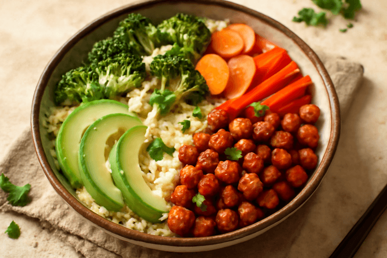 Bunte Quinoa-Bowl mit geröstetem Gemüse und Kichererbsen