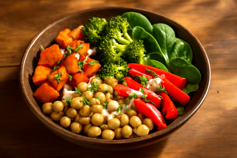 Veganer Kichererbsen-Bowl mit geröstetem Gemüse