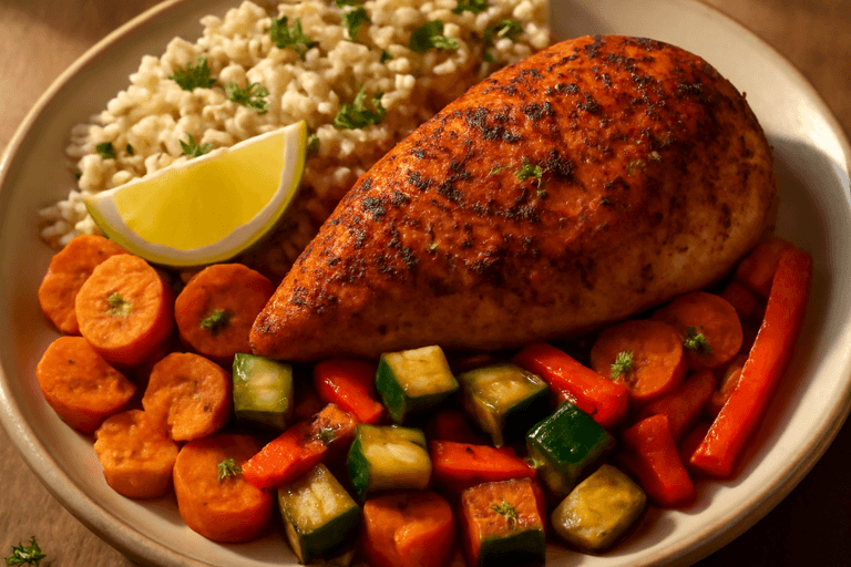 Kruidige kipfilet met geroosterde groenten en volkorenrijst