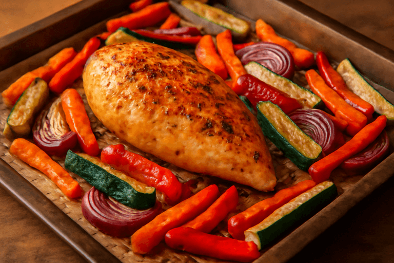 Piept de pui la cuptor cu legume colorate
