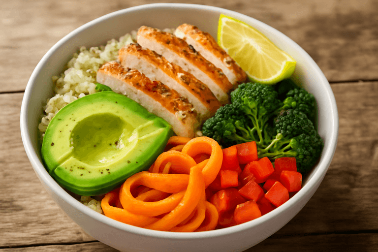 Herzhaftes Hähnchen-Quinoa-Bowl mit Avocado und geröstetem Gemüse