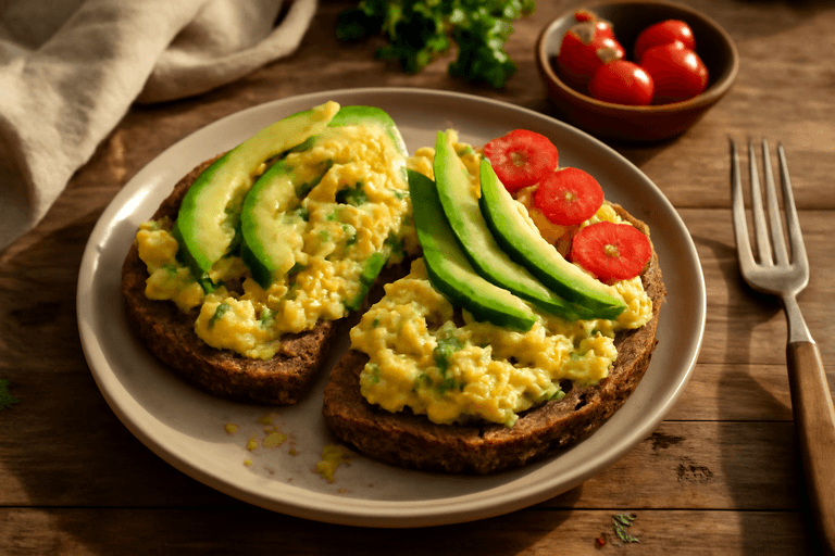 Proteinreiches Rührei mit Vollkornbrot und Avocado
