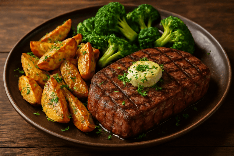 Proteinreiches Rindersteak mit Ofenkartoffeln und Brokkoli