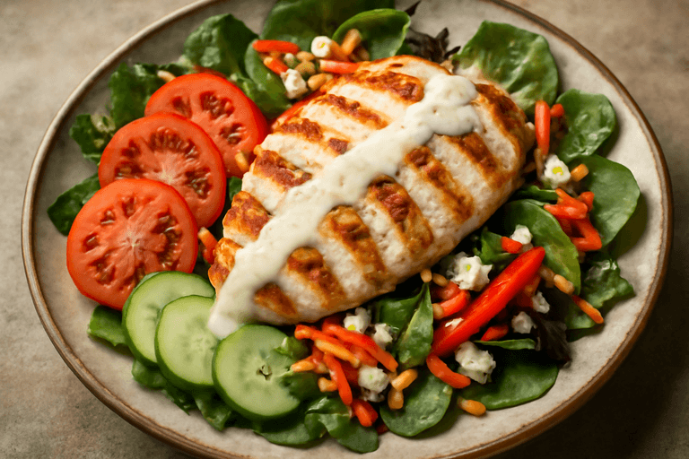 Salată clasică cu piept de pui la grătar și dressing ușor de iaurt