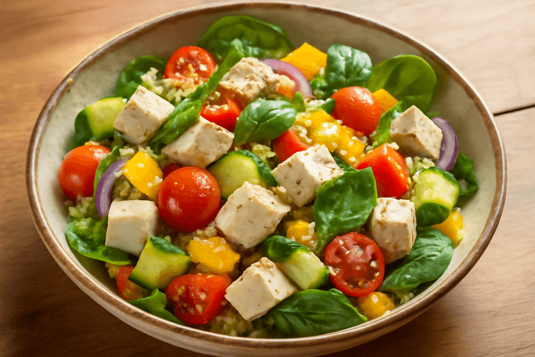 Легкий куриный салат с киноа и овощами