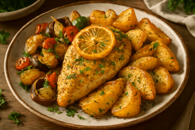 Κοτόπουλο με Λαχανικά στον Φούρνο & Ψητές Πατάτες