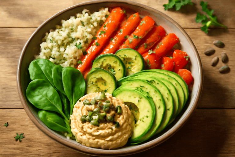 Veganer Protein-Buddha-Bowl mit Quinoa und geröstetem Gemüse