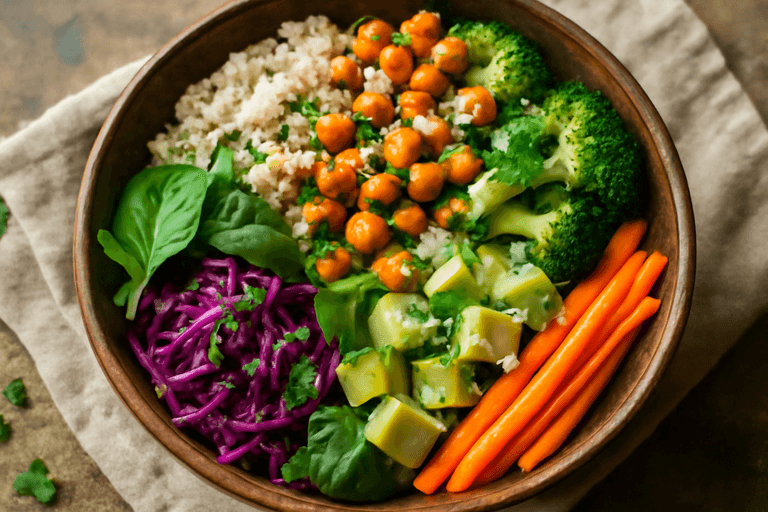 Veganer Protein-Buddha-Bowl mit Kichererbsen und Quinoa