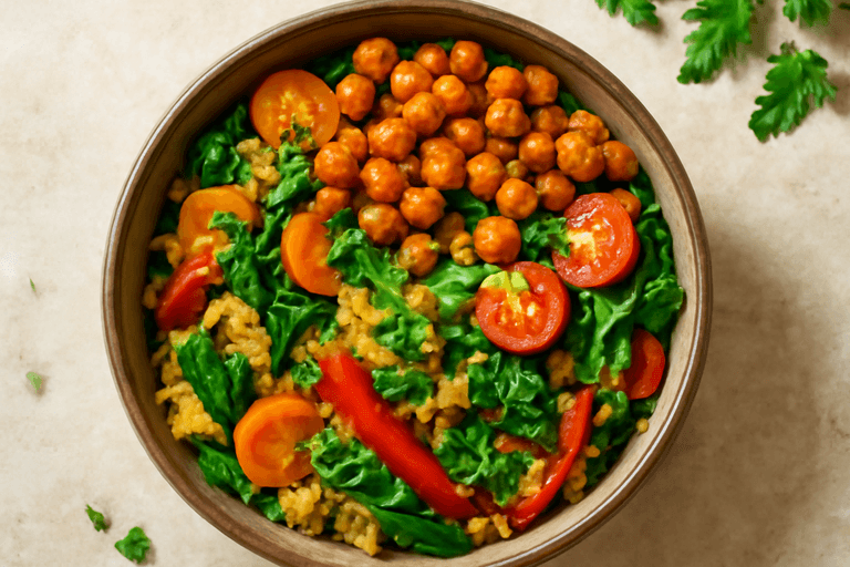 Salată caldă de quinoa cu legume și năut crocant