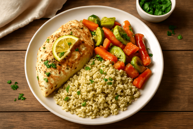 Kipfilet met geroosterde groenten en quinoa