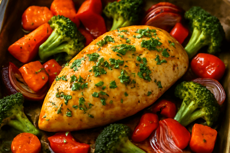 Ugnsbakad kycklingfilé med färska örter och grönsaksmix
