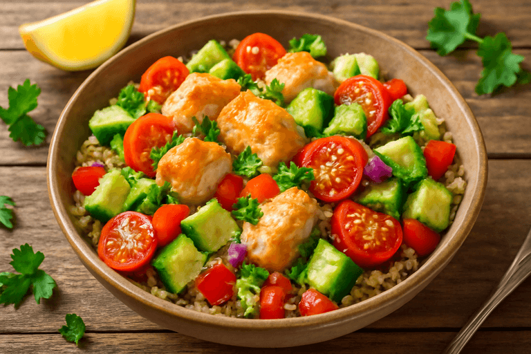 Färgsprakande kycklingsallad med quinoa och avokado