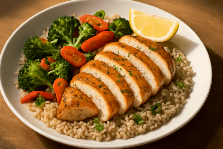 Piept de pui la grătar cu legume sote și orez brun