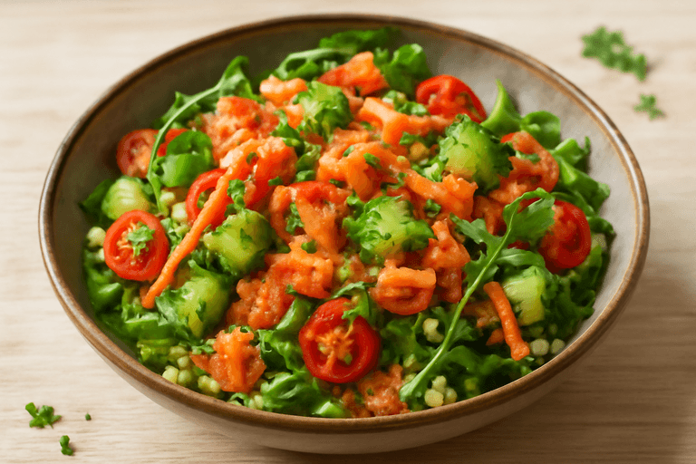 Insalata di Quinoa con Salmone Affumicato, Avocado e Verdure Croccanti