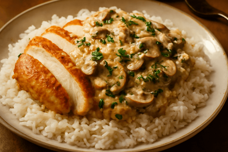 Piept de pui cu sos cremos de ciuperci și orez pufos