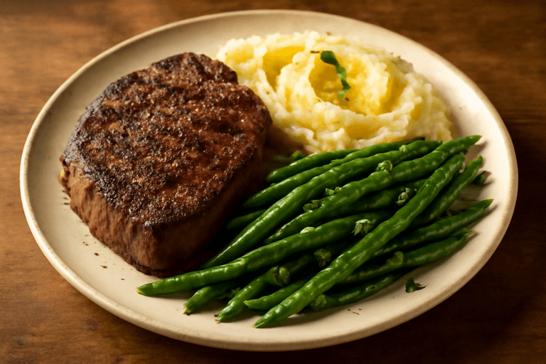 Herzhaftes Rindfleisch-Steak mit Kartoffelpüree und grünen Bohnen