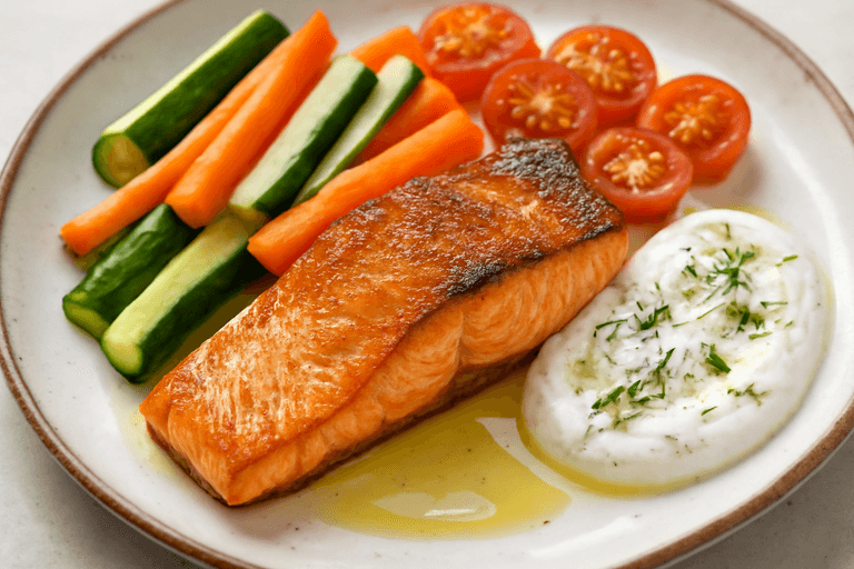 Filetto di salmone con verdure al vapore e salsa allo yogurt greco