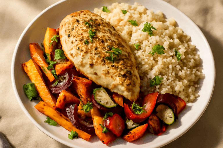 Pollo al horno con verduras asadas y quinoa