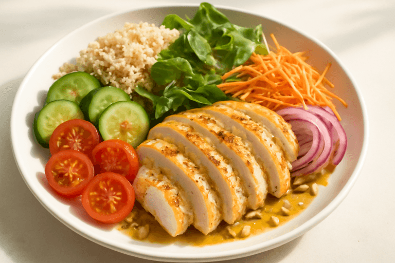 Färgglad kycklingsallad med quinoa och citrusvinägrett