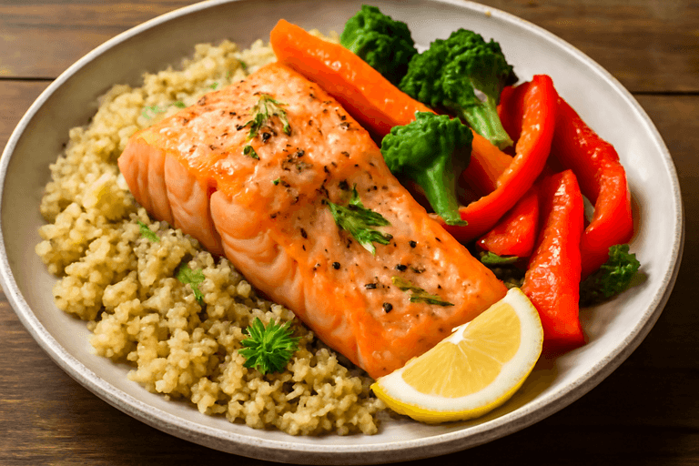 Ugnsbakad lax med grönsaker och quinoa