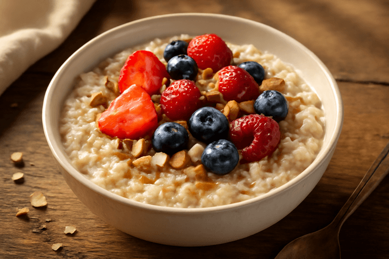 Protein-Porridge mit frischen Beeren und Mandeln