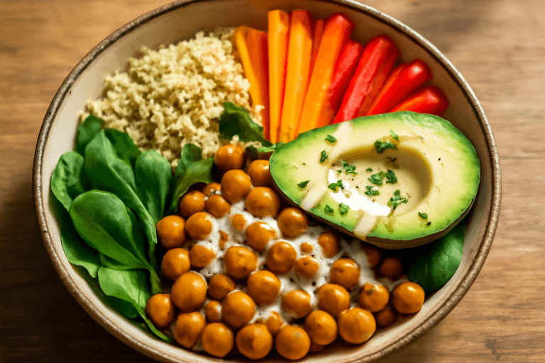 Veganer Quinoa-Gemüse-Bowl mit Zitronen-Tahini-Dressing