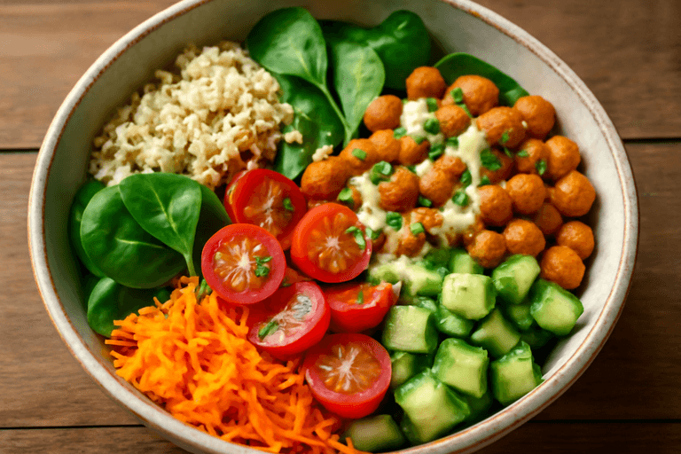 Veganer Quinoa-Gemüse-Bowl mit Kichererbsen und Tahini-Dressing