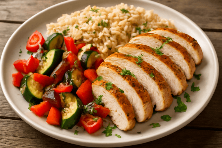 Piept de pui la grătar cu legume mediteraneene și orez brun