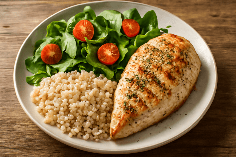 Κοτόπουλο Σχάρας με Δημητριακά και Σαλάτα Λαχανικών