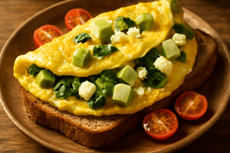 Omletă bogată în calorii cu avocado și brânză feta