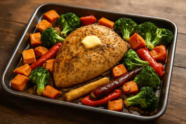 Pui la cuptor cu cartofi dulci și legume colorate