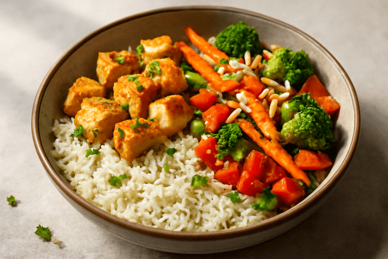 Bowl clasic de orez cu pui și legume crocante