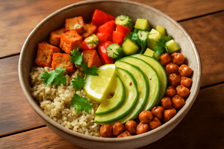 Bunte Quinoa-Bowl mit geröstetem Gemüse und Avocado