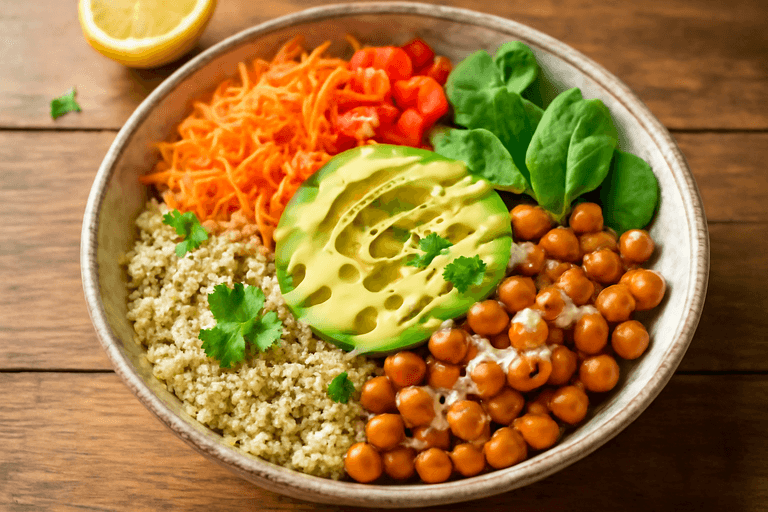 Bunte Quinoa-Gemüse-Bowl mit Zitronen-Tahini-Dressing