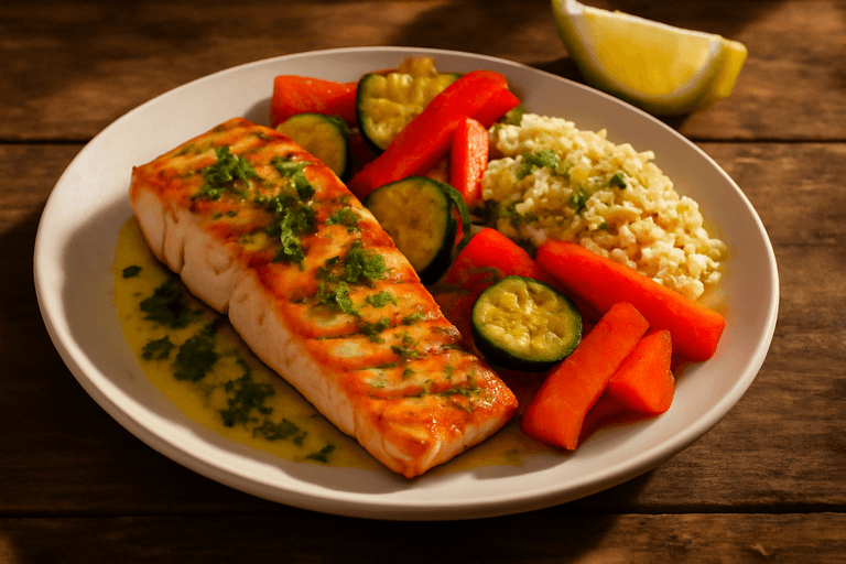 Gegrilde zalm met geroosterde groenten en quinoa
