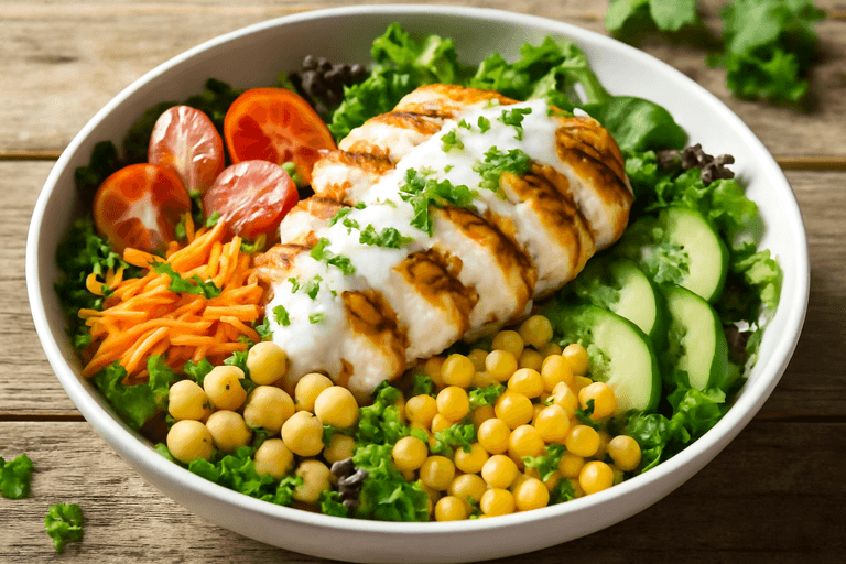 Salată de pui la grătar cu legume proaspete și dressing de iaurt