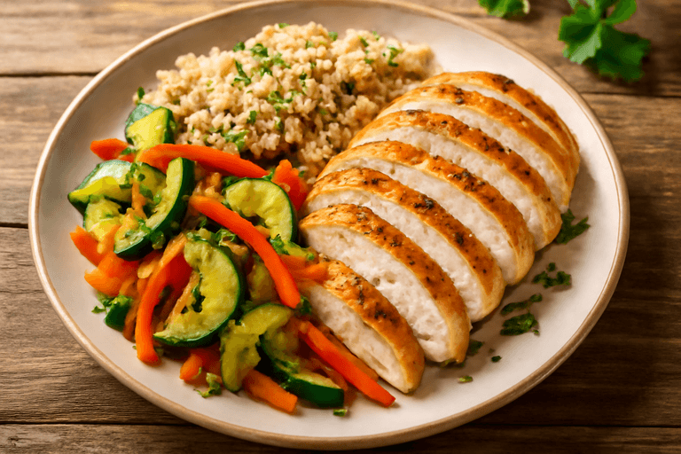 Piept de pui la grătar cu legume colorate și quinoa