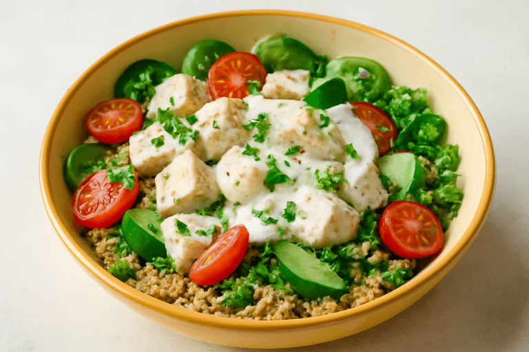 Leichter Hähnchen-Quinoa-Salat mit Joghurt-Dressing