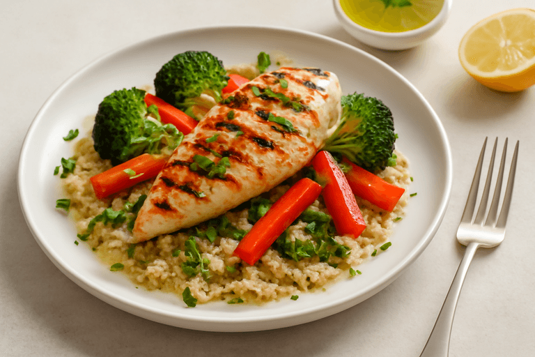 Куриное филе с овощами на гриле и киноа