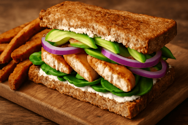 Klassisches Hähnchenbrust-Sandwich mit Avocado & Süßkartoffel-Pommes