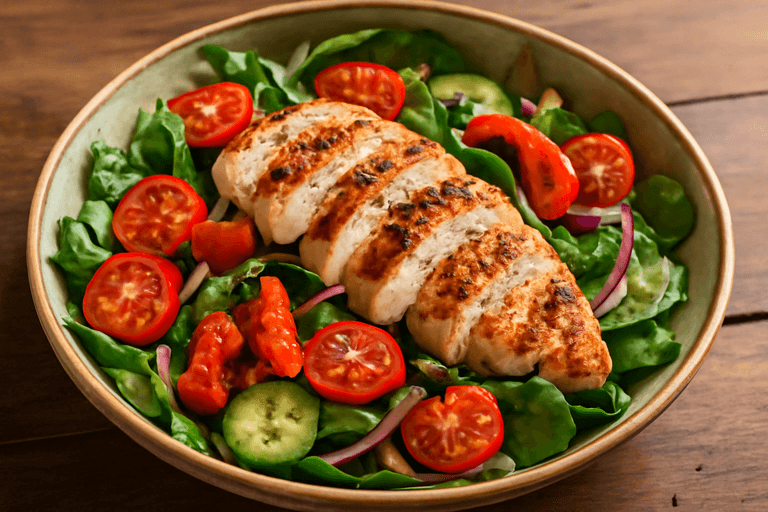 Proteinrik kycklingsallad med rostade grönsaker