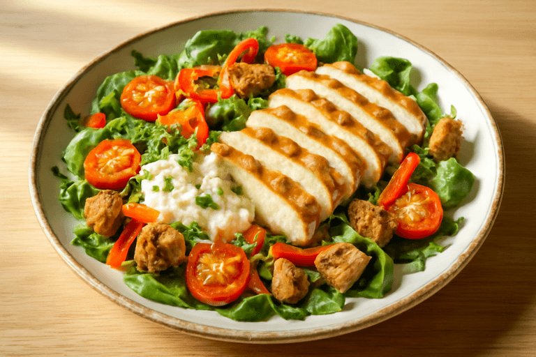 Kleurrijke Gegrilde Kipsalade met Volkoren Croutons