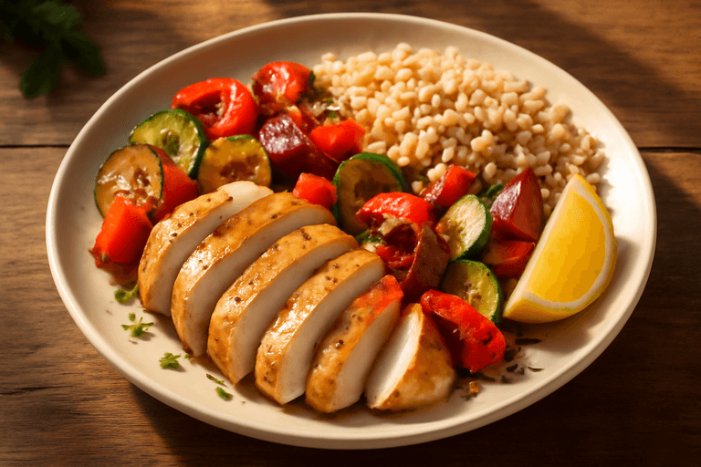 Klassieke Gegrilde Kippenfilet met Geroosterde Groenten & Volkorenrijst